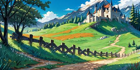 01392-868851538-Meadow, flowers, grass, beautiful, peaceful, country, dirt road, castle, red roofs, medieval, fence, trees.png